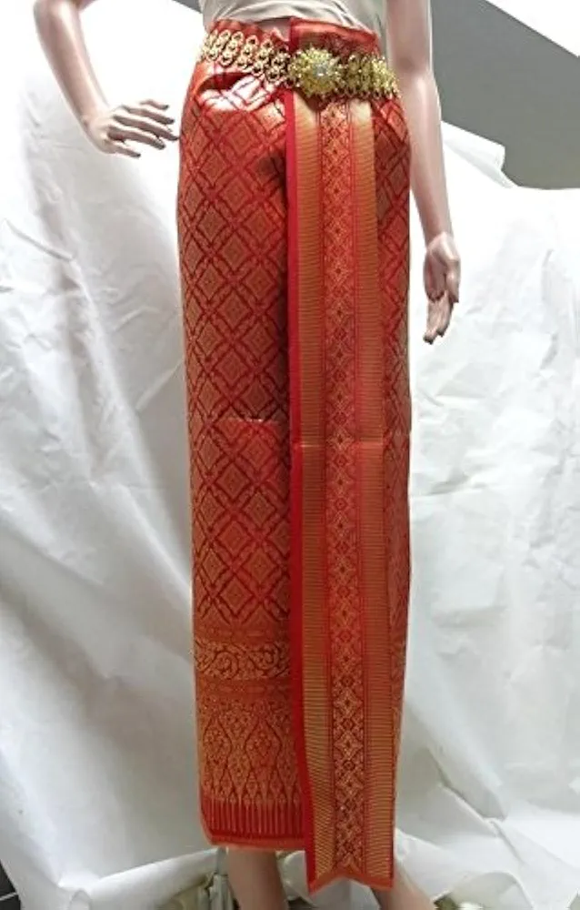 New Thai Red Gold Special Traditional Silk Fabric for Sarong Dress 72"x 40.5"