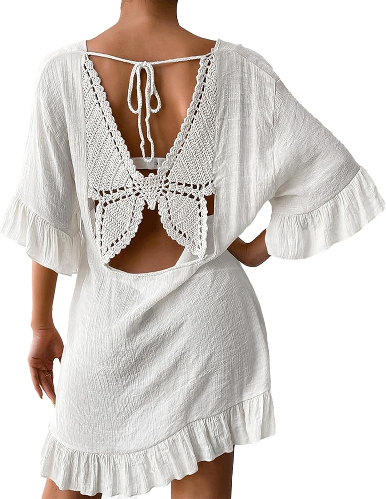 Swimsuit Coverup for Women V-nechline Butterfly Tassel Tie Bathing Suit Cover Up Swim Loose Swimwear Dress for Beach