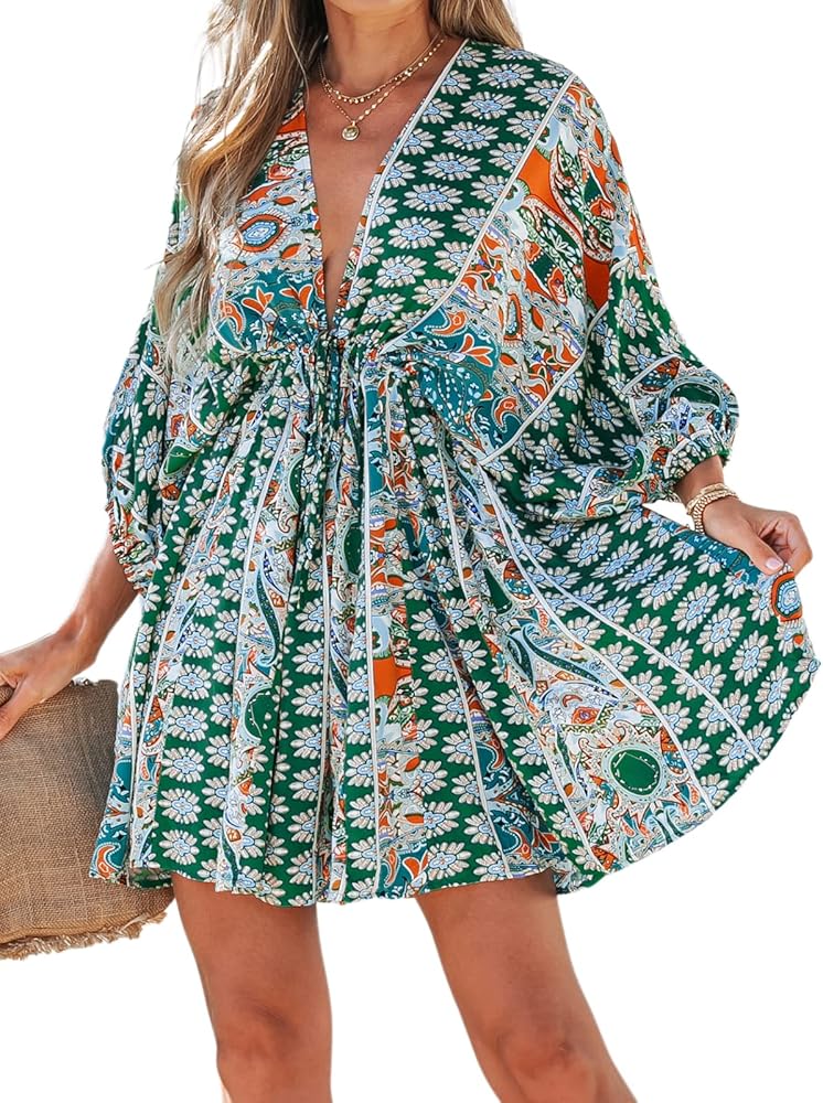 CUPSHE Women Casual Boho Sundress Summer Floral Print Tie Front Dress 3/4 Sleeves Paisley Beach Mini Dresses