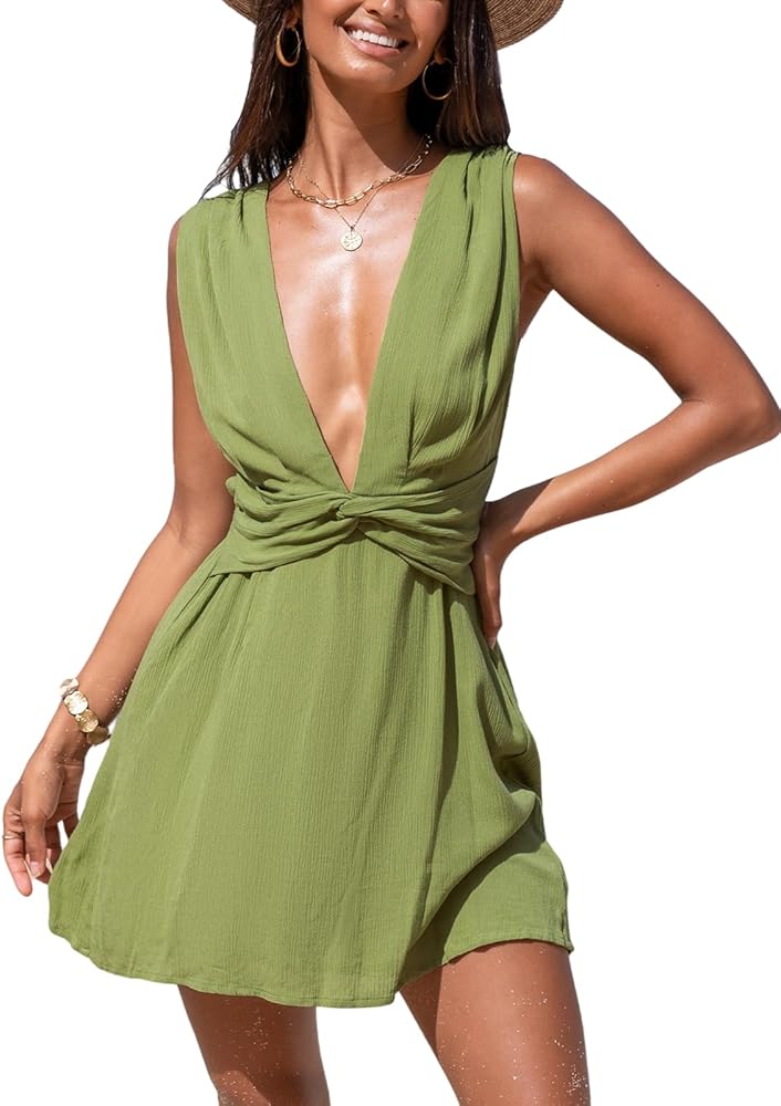 CUPSHE Women's Beach Dress Sexy V Neck Twist Sleeveless Flowy Mini Swim Cover Up