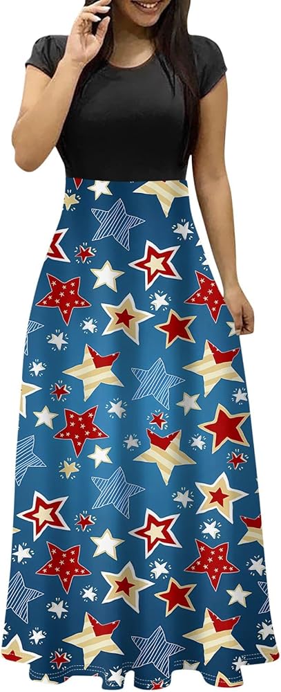 Womens 4th of July Dress Casual O-Neck Short Sleeves Maxi Dresses USA Outfit Memorial Day Printed Dresses