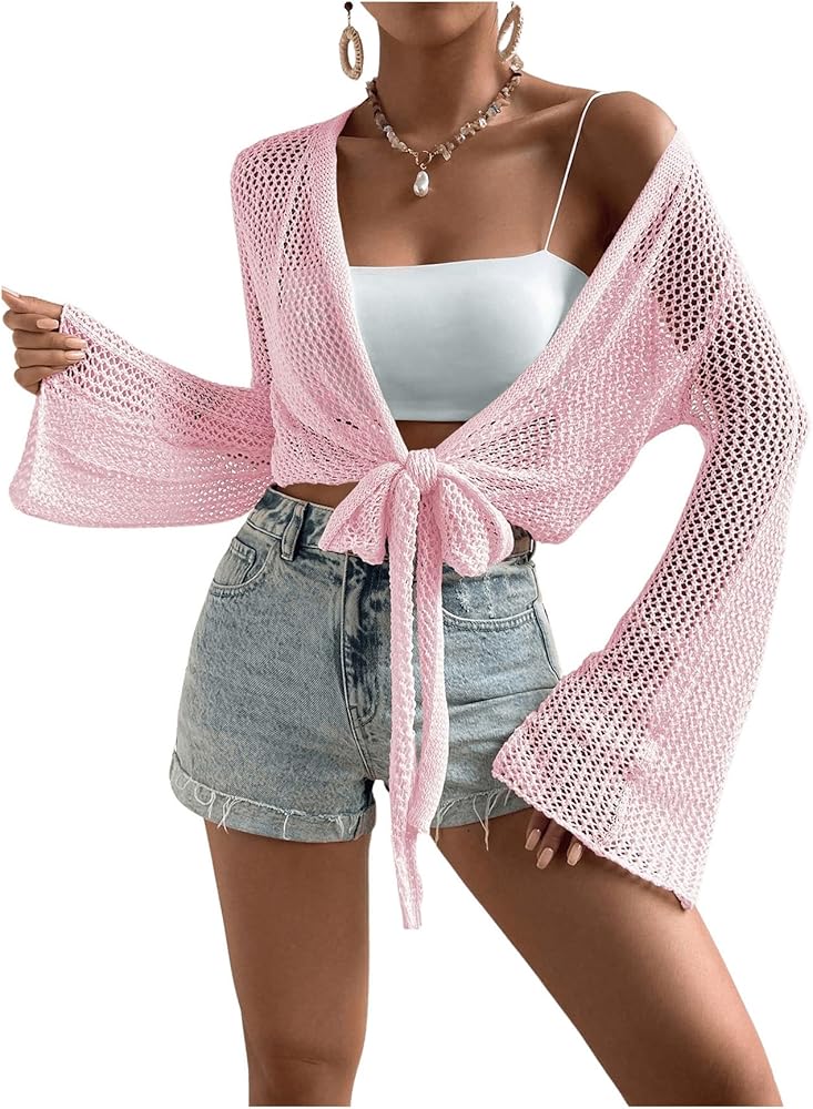 MakeMeChic Women's Knit Beach Cover Up Tie Front Long Sleeve Bathing Suit Cover Up Cardigan Pink X-Small