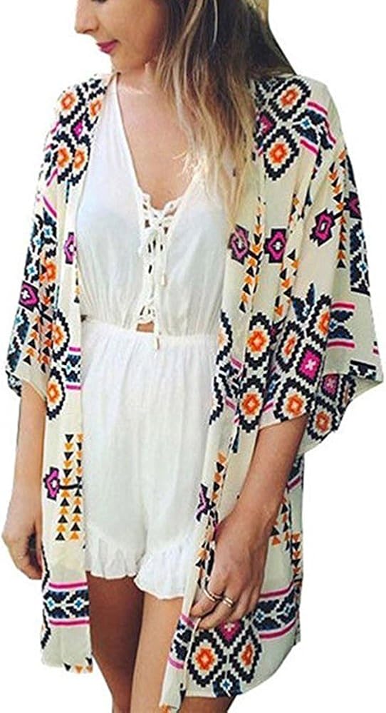 Yonala Womens Floral Kimono Loose Half Sleeve Chiffon Casual Cardigan Cover Up