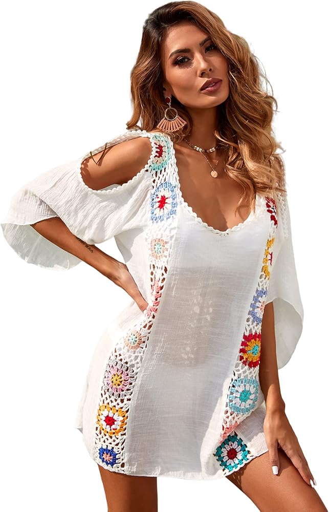 Floerns Women's Contrast Crochet Cold Shoulder Half Sleeve Kimono Cover Up