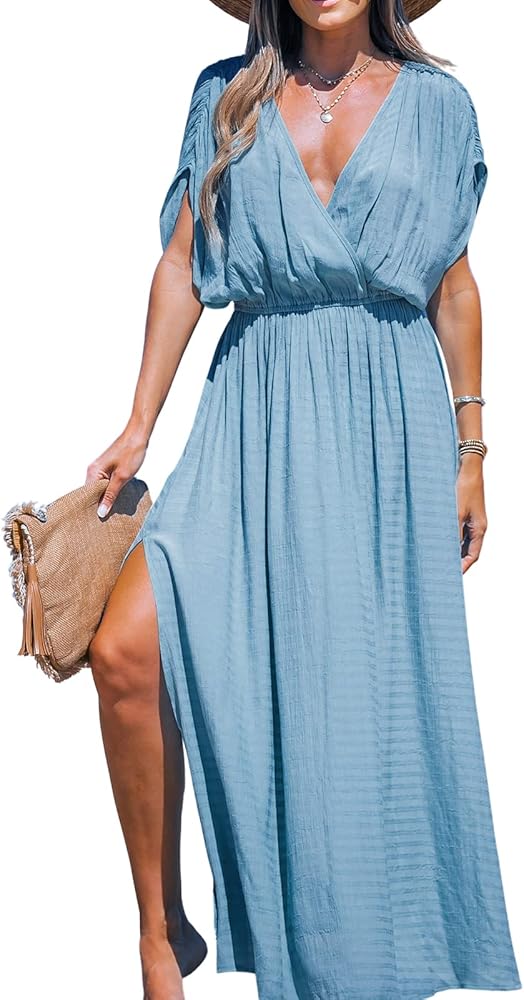 CUPSHE Women Loose Fit Wrap V-Neck Ruched Maxi Cover Up Dress Summer Short Sleeve Side Slit Beach Dresses Blue S