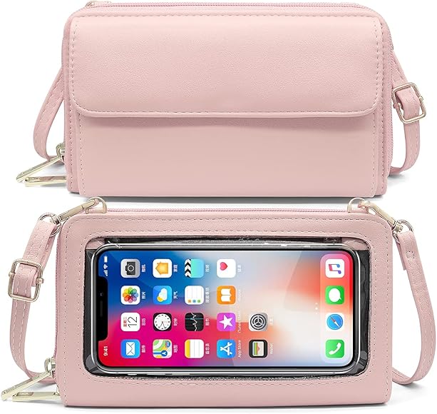 HNOOM Bolso Movil Mujer, Bolso Bandolera Móvil con Pantalla Táctil, Bloqueo RFID Monedero Cuero PU Bolsos Bandolera de Mujer Cartera Movil con Ranuras para Tarjeta y Cremallera Billetera (Rosa)