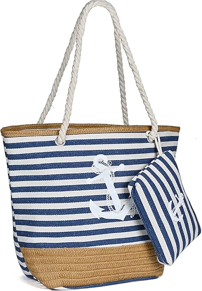 KESUDE Bolsa de Playa Mujer, Bolso Playa Grande XXL Familiar con Cremallera y Asa de Cuerda,Bolsa Piscina Bolso Shopper Mujer Lona de Verano para Playa/Viajes/Uso Diario