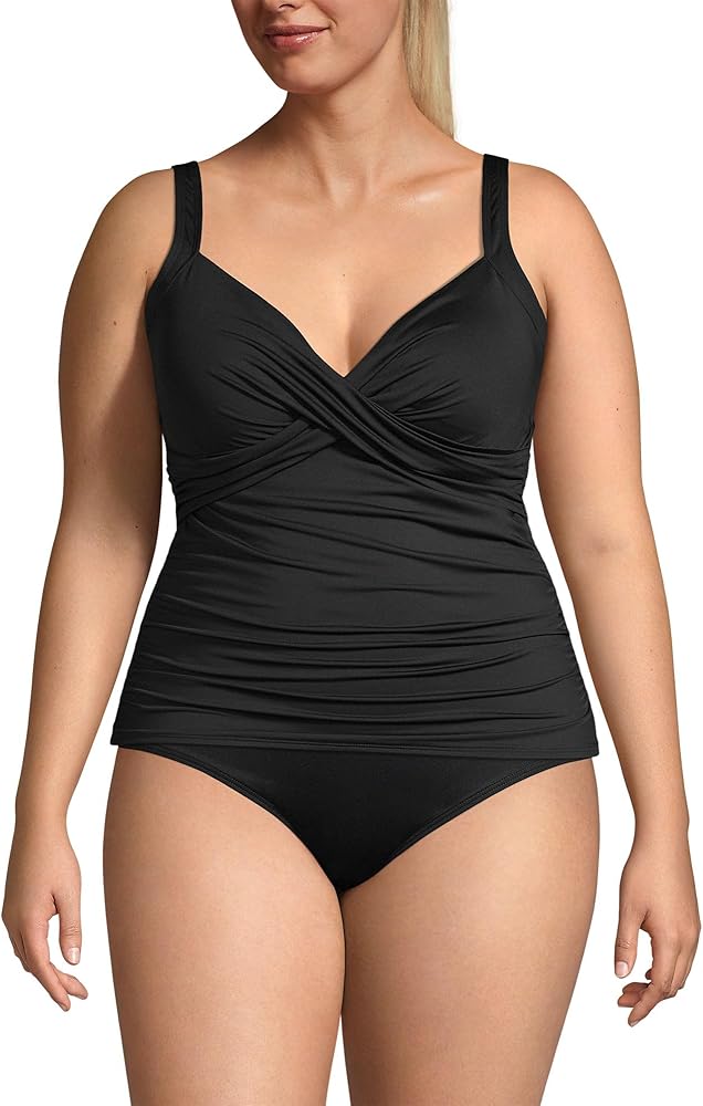 Lands' End Womens Chlorine Resistant Underwire Wrap Tankini Top Control Black Dd-cup Plus 18w