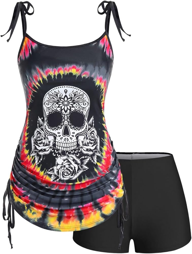 Rosegal Womens Plus Size Skull Rose Tie Dye Print Cinched Ruched Tie Boyshorts Tankini Swimsuit Set