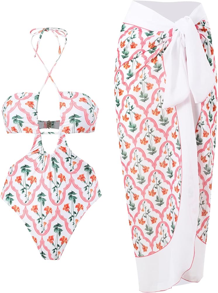 IDOPIP Women's One Piece Swimsuit with Beach Cover up Wrap Skirt Sarong Retro Floral Print Bikini Set Two Piece Bathing Suit