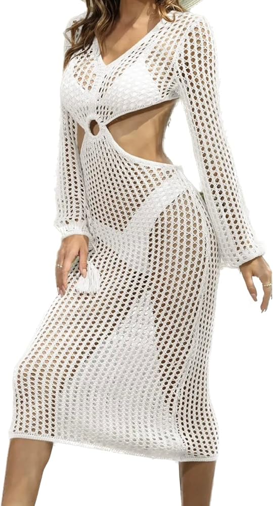 All New! Crochet Women's Hollow out Bikini Swimsuit Cover up (as1, alpha, s, regular, regular, White)