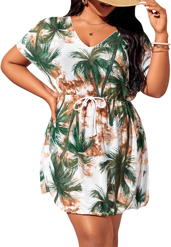 Floerns Women's Plus Size Tropical Print Drawstring Wasit V Neck Cover Up Dress