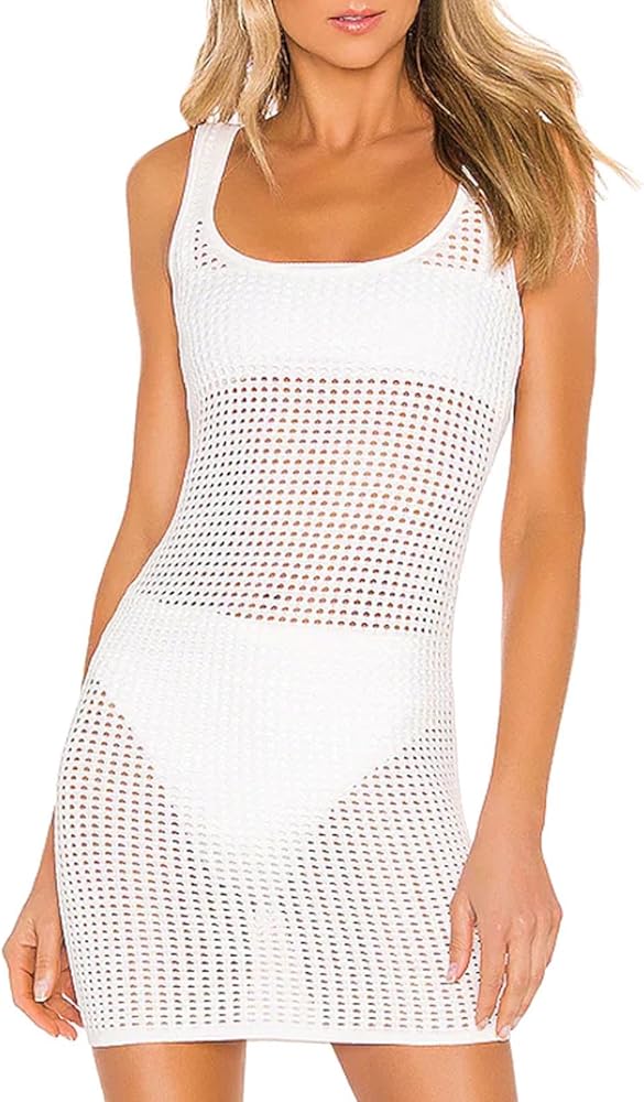 Women's Swimwear Cover Ups Trendy Crochet Sleeveless Beachwear Coverup Sexy Sheer Mesh Bathing Suit Vacation Beachwear Outfit