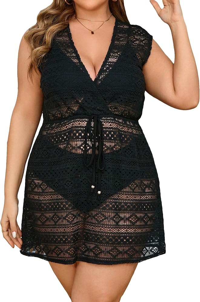 SHENHE Women's Plus Size Cover Up Mesh Wrap Drawstring V Neck See Through Sleeveless Mini Dress