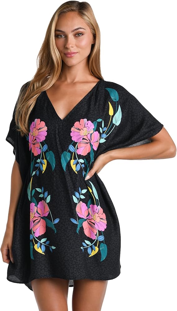 Sunshine 79 Women's Standard Short Sleeve Tunic Cover Up Dress, Black//Cascade Blooms