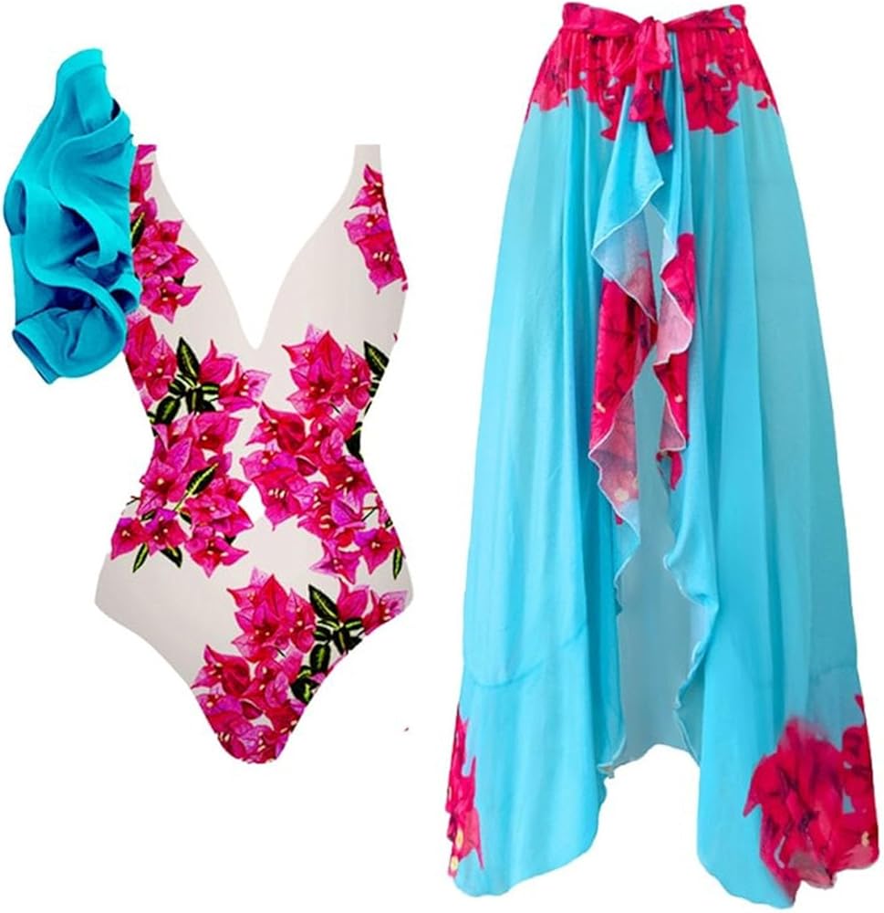 Women's One Piece Swimsuit with Sarong Set Retro Floral Beach Cover Up 2 Piece Tankini Bathing Suit Bikini Sets