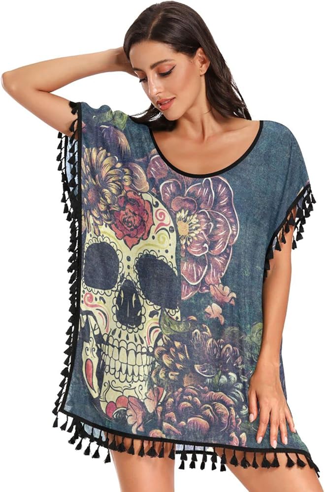 Floral Sugar Skull Swimsuit Coverup for Women Plus Women's Bathing Suit Cover Ups for Swimwear Girls Pool Travel,S