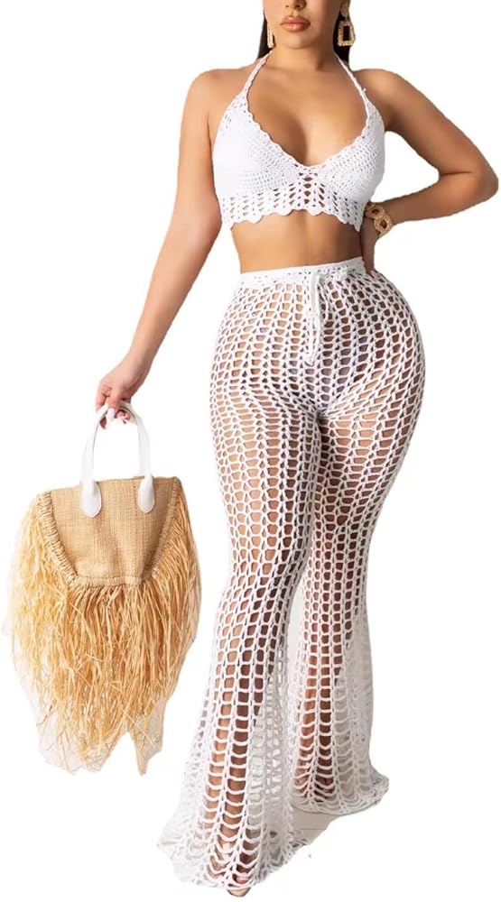 Women Sexy Mesh See Through Crochet Costal Waters Cover Up Pant Set Bikini Swimsuit Cover-ups Beach Outfits