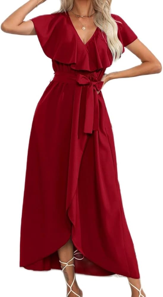 Fashion Ruffled V-Neck Slim Long Dress Summer Beach Casual Streetwear Style (as1, Alpha, l, Regular, Regular, Red)