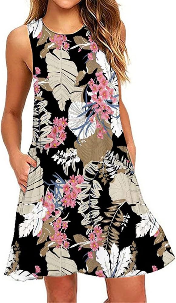 Women's Sleeveless Beach Dress Backless Camisole Mini Tank Skirt with Pockets Casual Sleeveless Dress (A-Black, S)