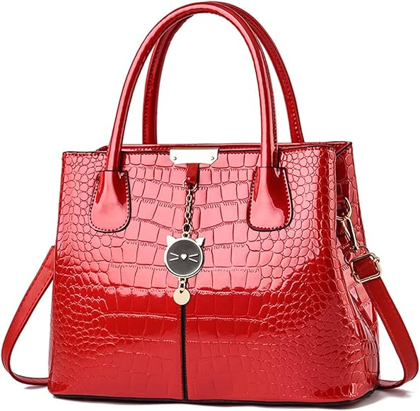 NICOLE & DORIS Bolsos de Mujer Bolsa Tendencia de Charol Bolso Bandolera Mediano Bolso de Mano para Trabajo Bolso Hombro Bolsos Cruzados con Lindo Colgante Rojo