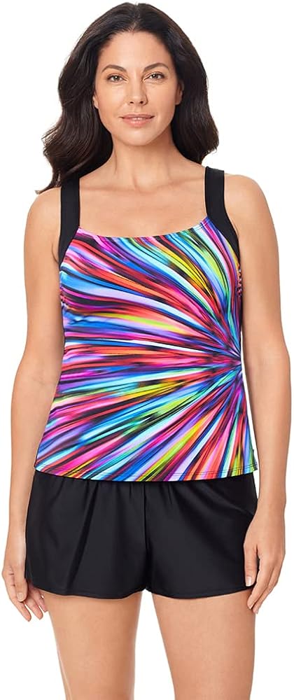 Reebok Women's Swimwear Sport Fashion Glasswork Bust Minimizing Soft Cup Tankini Bathing Suit Top