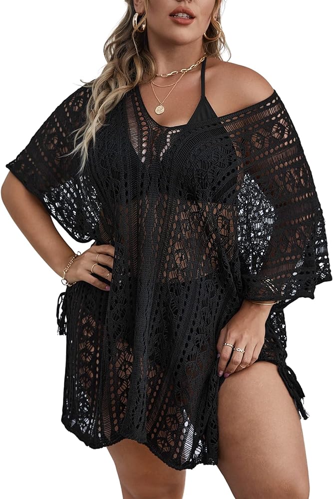 SOLY HUX Women's Plus Size Short Sleeve Hollow Out Split Beach Swimsuit Bikini Cover Up