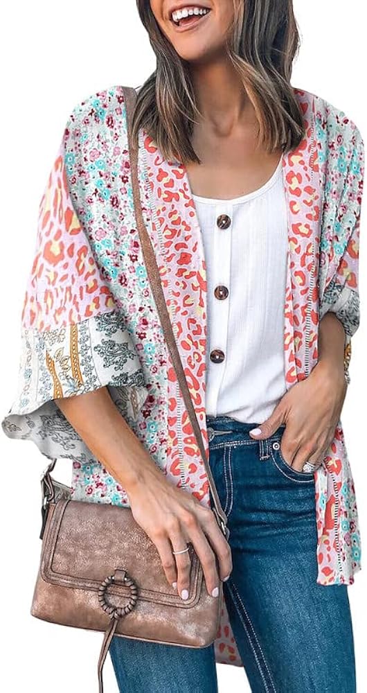 Dokotoo Womens Printed Beach Cover Up Short Sleeve Open Front Lightweight Cropped Swiss Dot Summer Cardigan