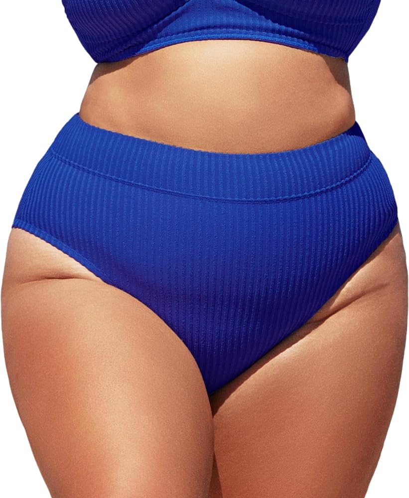 CUPSHE Women Swimsuit Plus Size Bikini Bottom High Waisted Ribbed Texture Modest Widen Band Bathing Suit