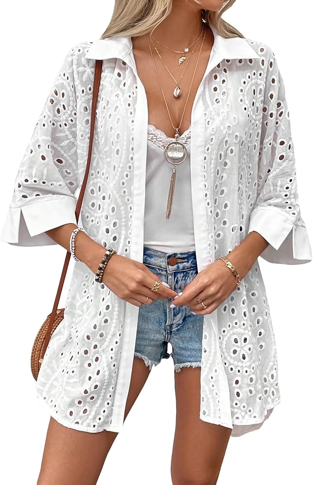 Verdusa Women's Boho Hollow Out Short Sleeve Loose Kimono Summer Beach Cover Up