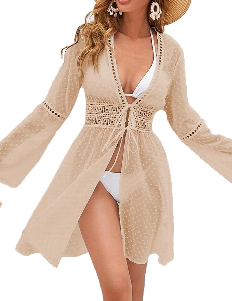 AOLRO Women Cover Ups Swimwear Sexy Swiss Dot Chiffon Swimsuit Coverup Long Bell Sleeve Bikini Summer Beach Cover Up Cardigan