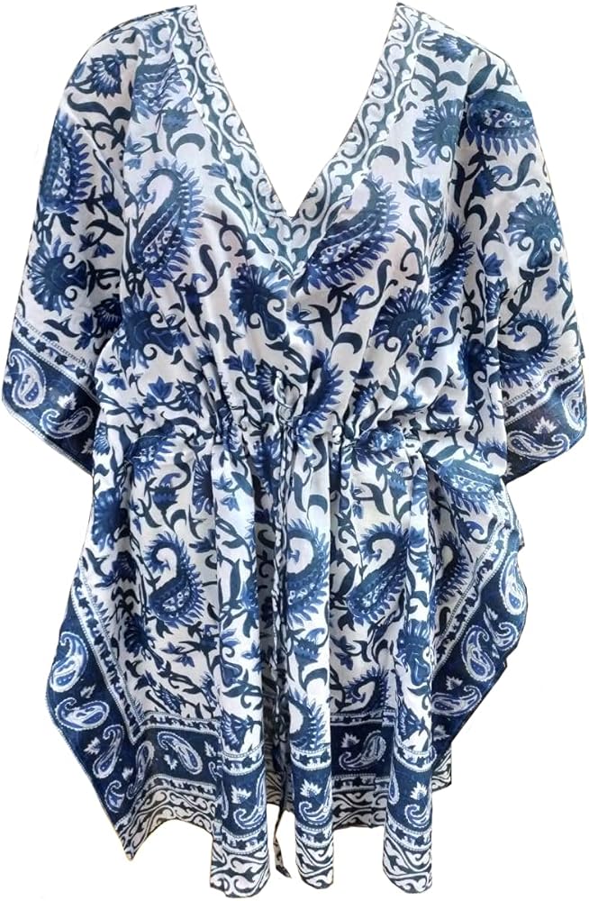 100% Cotton Hand Block Print Kaftan Women's Print Swimsuit Cover-up Beach Kaftan No-22 Multi