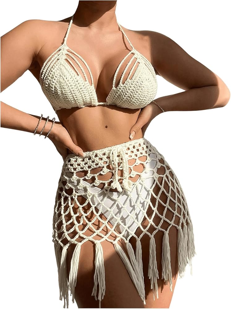 Women's 2 Piece Crochet Cover Ups Sets Tie Halter Swimsuit Hollow Out Fringe Hem Cover Up for Bikini Bathing Suit