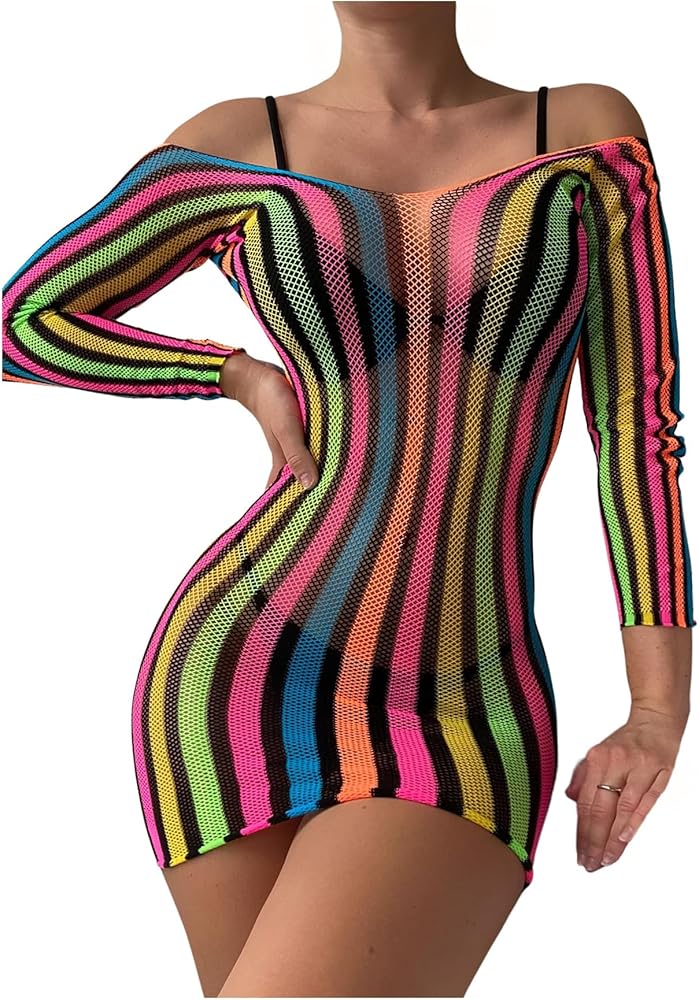 Milumia Women's Off Shoulder Striped Beach Cover Up Mini Dress Long Sleeve Bikini Coverups