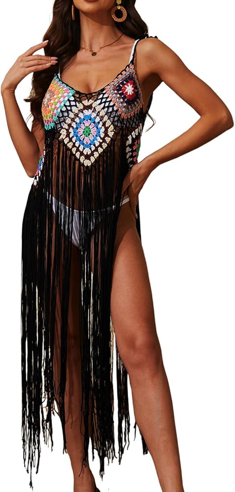 Womens Swimsuit Crochet Hollow Out Swim Tassel Cover Up Bikini Swimwear Knit Mesh Beach Dress Multicolor Coverup One Size US Size XS-L