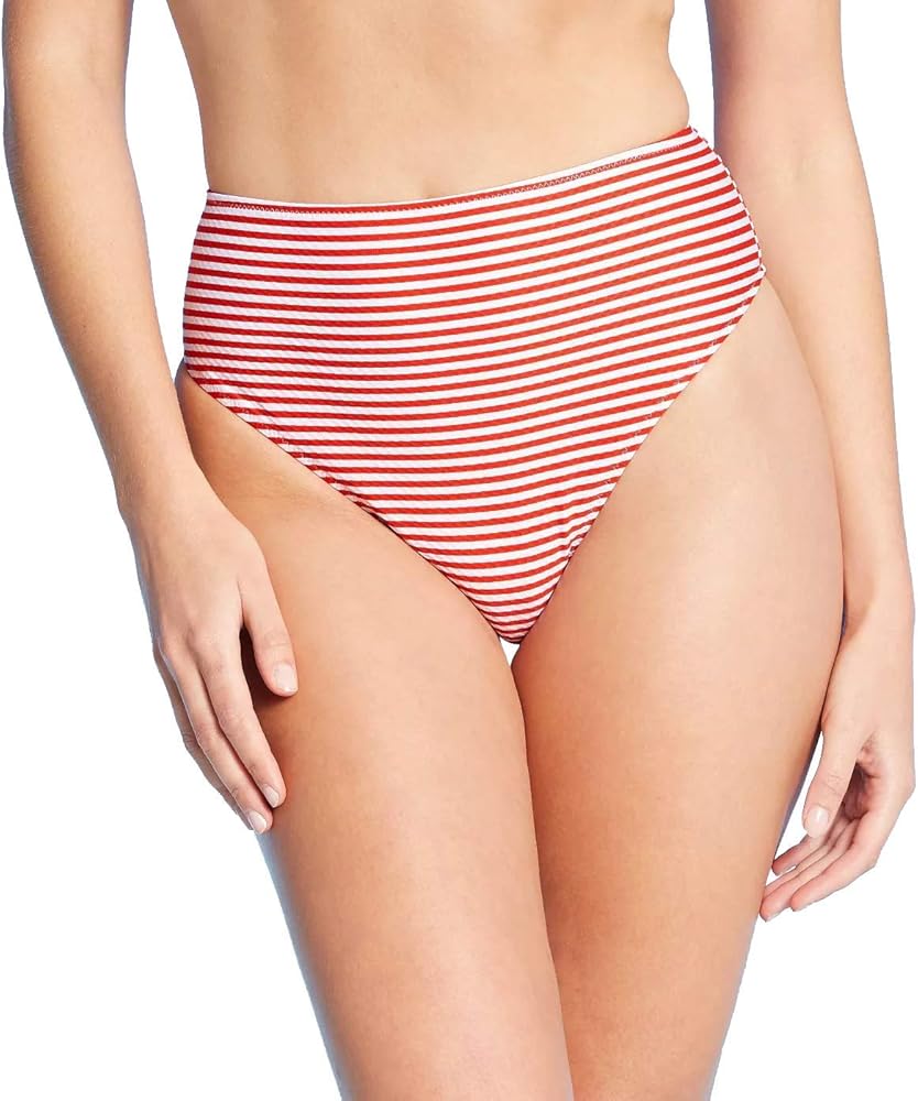 Shade & Shore Women's High Leg High Waist Extra Cheeky Textured Bikini Bottom - Red & White Stripe - (Small)