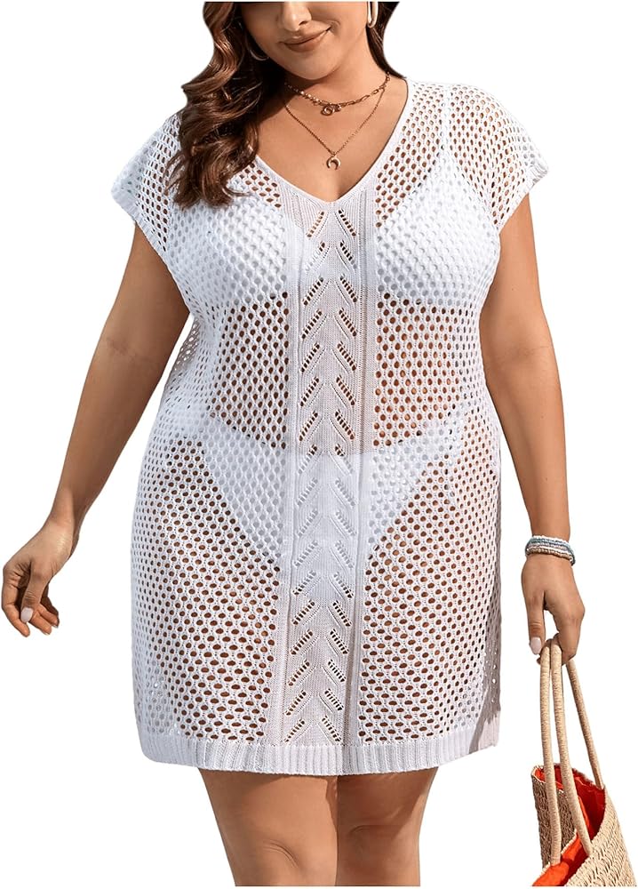 Milumia Women's Plus Size V Neck Cap Sleeve Swimsuit Beach Cover Up Dress Crochet Swim Coverup