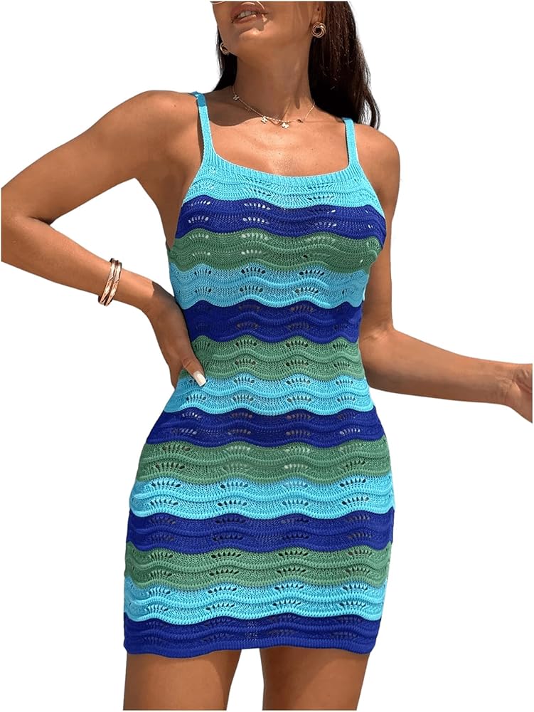 Floerns Women's Wave Striped Sleeveless Crochet Scoop Neck Beachwear Cover Up Dress