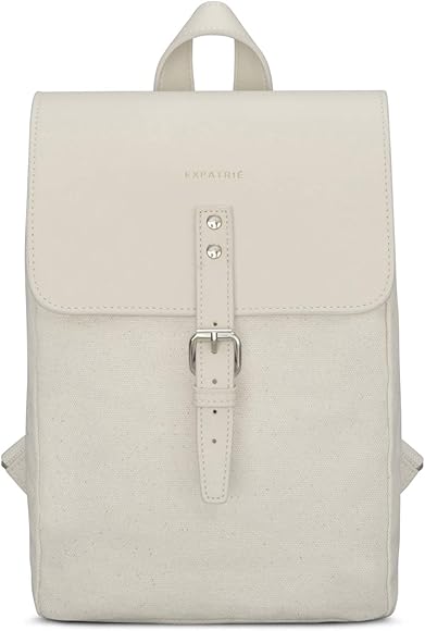 Expatrié Mochila Mujer Pequeña Blanco Anna” Mochilas Casual Hecho Algodón & Cuero Vegano - Bolso Vintage Mujeres de Viaje y Ocio - Moderna Mini Bolsa con Cierre Magnético