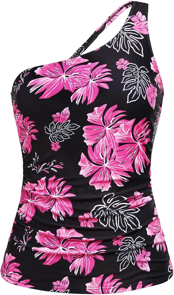 Tempt Me Tankini Tops for Women Swimwear Top Only One Shoulder Swim Top Ruched Tummy Control Bathing Suit Top