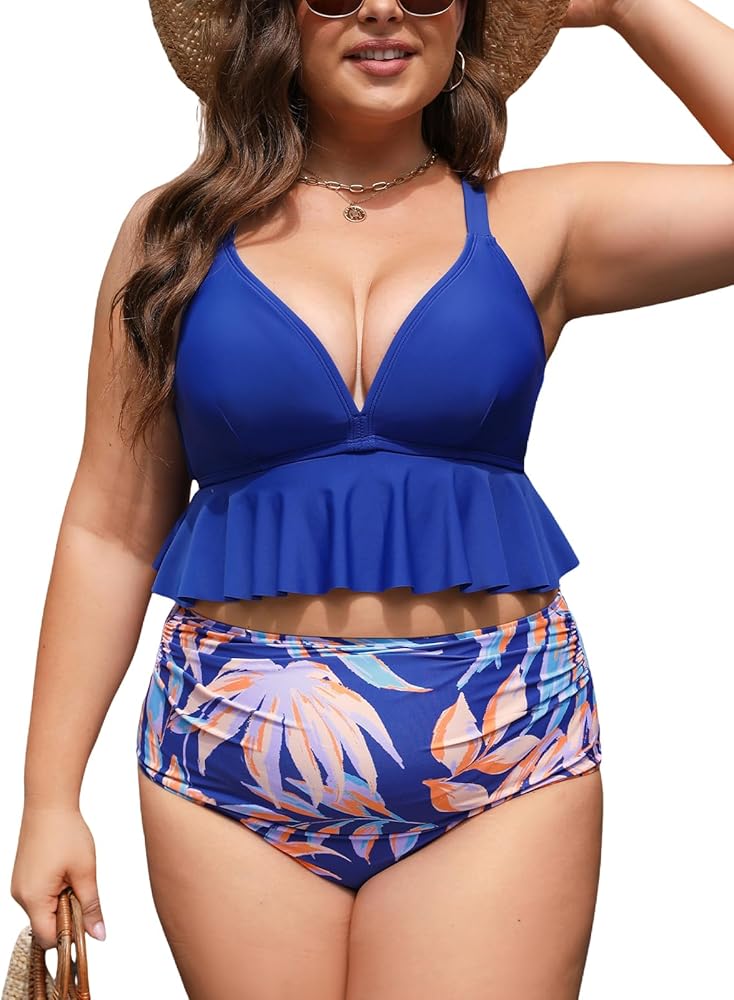 CUPSHE Women Swimsuit Plus Size Bikini Set Two Piece Bathing Suit V Neck High Waisted Flowy Ruffle Hem Floral