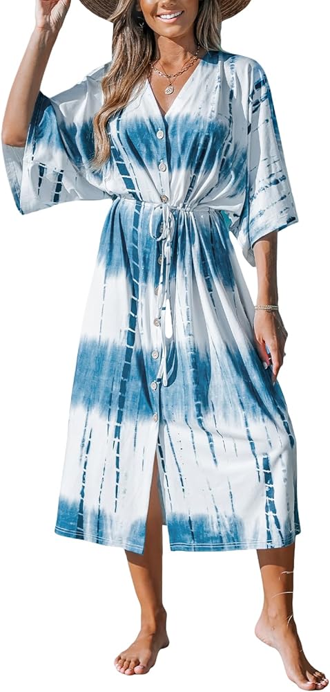 CUPSHE Women's Midi Cover Ups Dress Bathing Suit Open Front Kimonos Cardigans Tie Dye 2024