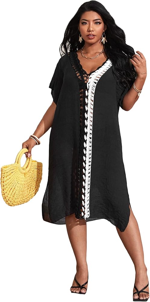 SOLY HUX Women's Plus Size Crochet Trim V Neck Split Hem Beach Bikini Swimsuit Cover Up Dress