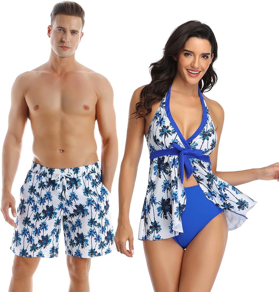 Couples Matching Swimsuit Blue Coconut Trees/Black Leopards Tankini Set & Swim Trunks His and Her Swimwear