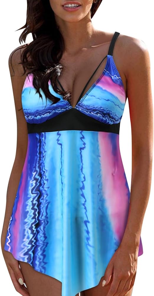 oiangi 2024 Two Piece Womens Tankini Swimsuits Modest Bathing Suit Deep V Tie Dye Irregular Hem Flowy Swimdress with Shorts