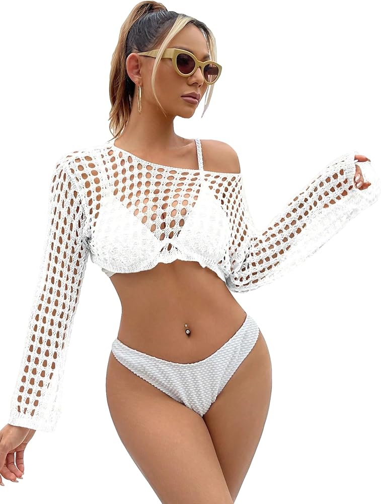 SHENHE Women's Hollow Out Crochet Beach Cover Up Sheer Long Sleeve Crop Beach Top