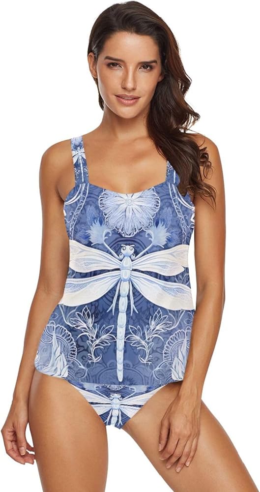 Dragonflies Tankini Bathing Suits for Women Tummy Control Two Piece Tankini Swimsuit with Bikini Bottom