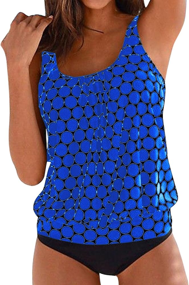 Tankini Swimsuits for Women Polka Dot Print Blouson Tankini Top with Bikini Bottoms Two Piece Bathing Suits