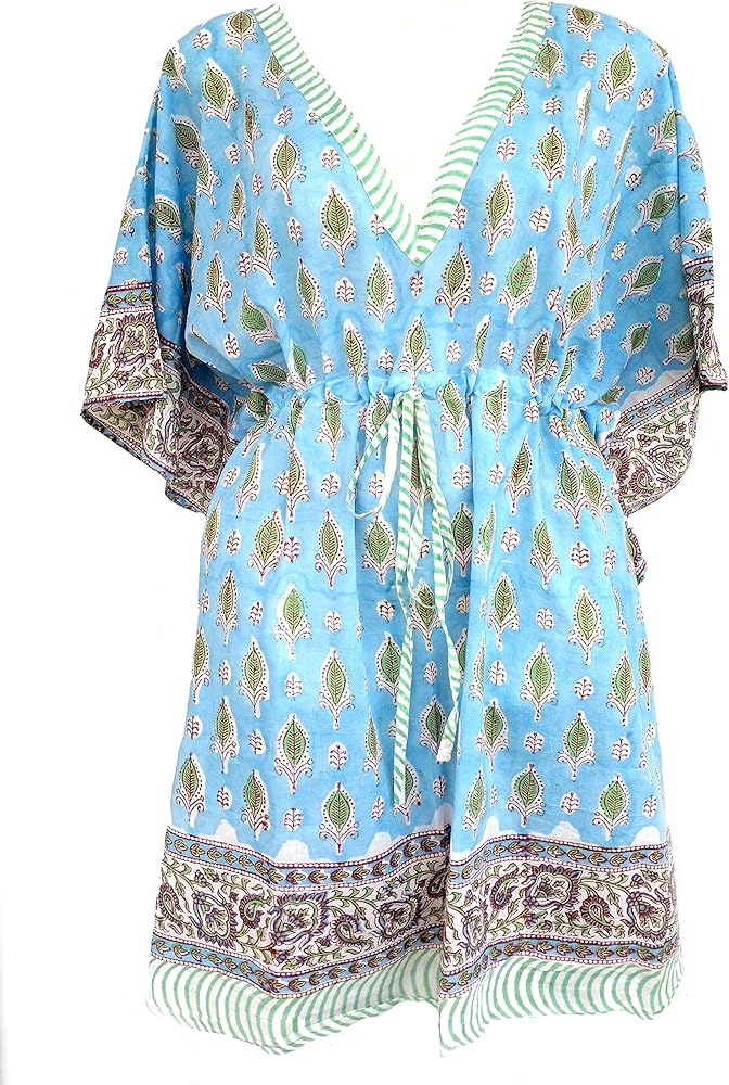 100% Cotton Hand Block Print Kaftan Women’s Apparel Fabric Print Swimsuit Cover-up Beach Kaftan-1 Multi