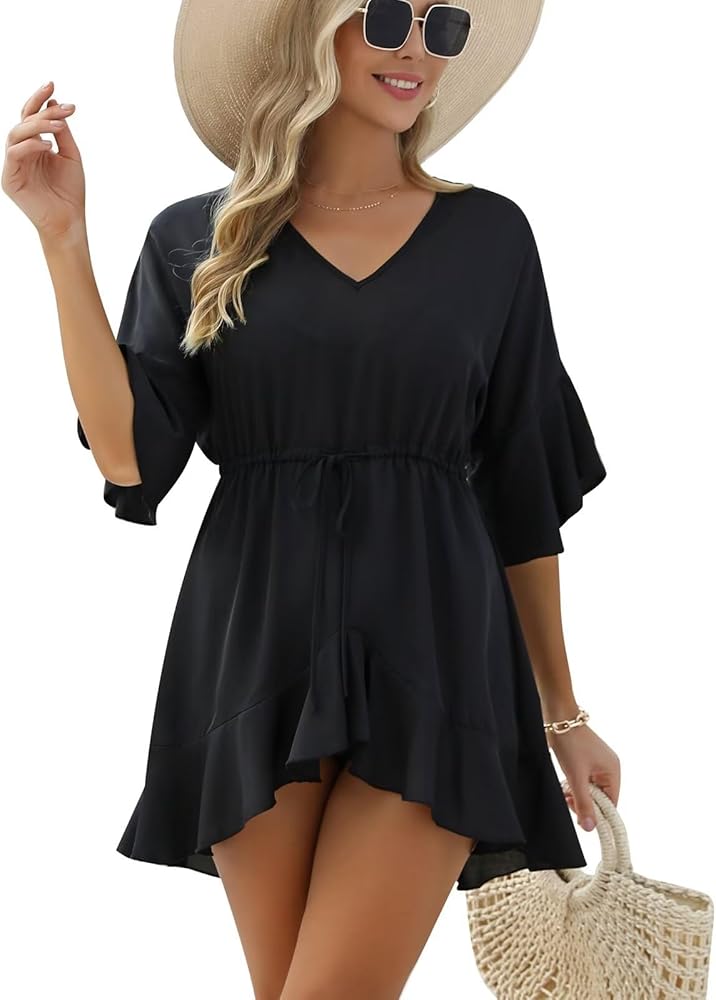 CiCiBird Women Casual Swimsuit Cover Up Bathing Suit V Neck Dress Ruffle Bikini Beach Coverup